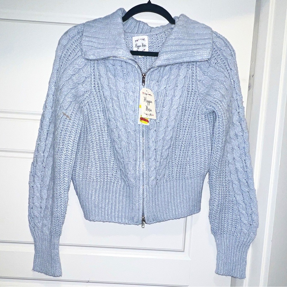 Hippie Rose Women's Blue Cable Knit Full Zip Collared Cardigan Sweater Size M